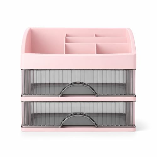 Image of HoopVool Desk Makeup Organizer, Plastic Storage Box with Sliding Drawer, Stylish Display Case for Cosmetics, Lotion, Nail Polish, Brushes, and Jewelry, Pink, 2-Layer