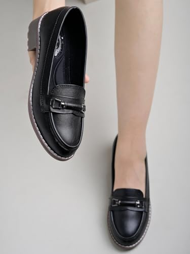 Image of Shoetopia Women's Loafers with Metal Buckle - Comfortable Durable TPR Sole, Stylish Slip-On Casual & Office Everyday Footwear