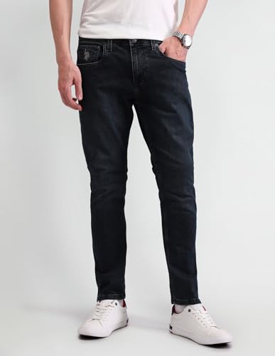 Image of US Polo Association Men's Blue Solid Mid Rise Light Button Slim Jeans (UDJEN1369 Blue 30)