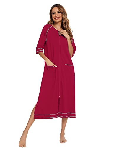 Image of Veseacky Women Robe Zipper Front House Coat 3 /4 Sleeve Nightgown Full Length Ladies Lounge Dress with Pockets S-XXL