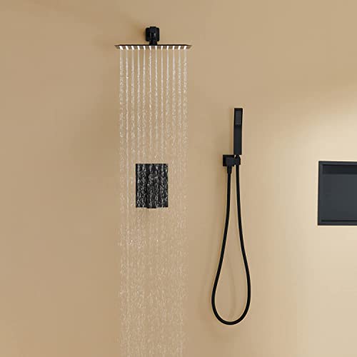 Image of Rain Shower System 12 Inches Shower Combo Set Black Wall Mount Faucet Bathroom Faucets with Rainfall Shower Head and Hand Shower