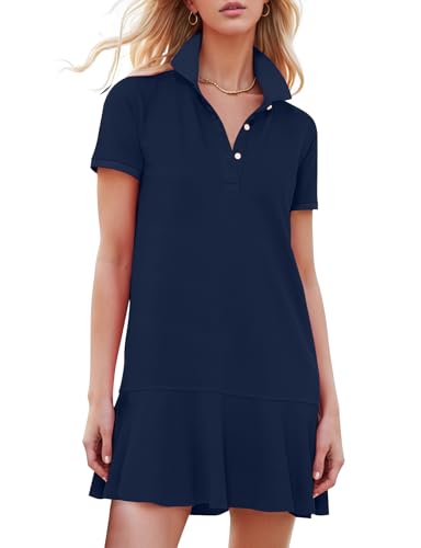Kissonic Women's Polo Dress Short Sleeve V Neck Ruffle Hem Casual Summer Golf Tennis Mini Shirt Dresses