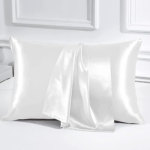 Image of Luxury Silk Satin Pillow Cover Standard Size 18 x 28 - Romantic Pillow Cover Set for Bedroom | Bridal Wedding Soft Luxury Bedding | White, Pillow Covers (18 x 28)