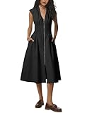 Tomosc Women Sleeveless Midi Dress Summer Casual V Neck Zip Front Smocked Shirt Dress with Pockets (17W-Black-L)