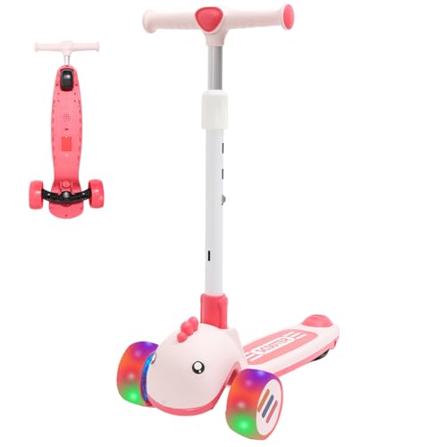Habib Kinderroller Tretroller - 3-Rad LED Roller, Höhenverstellbar & Faltbar, Tierdesign, Mädchen & Jungen (3-8 Jahre) - Pink