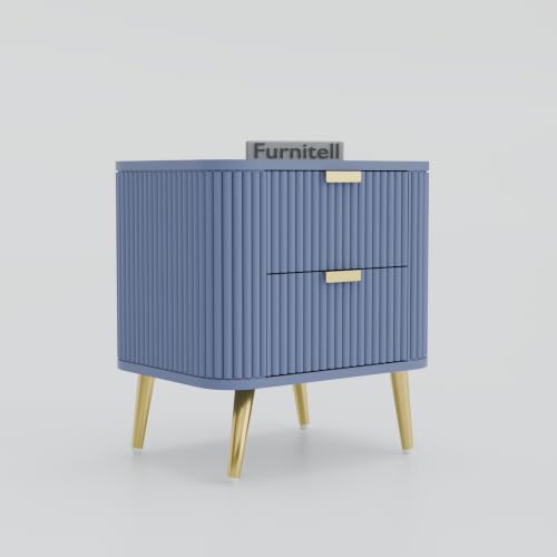 Image of Premium HDMR Wood Bedside Table with 1 Drawer & Open Storage Shelf, Fluted Nightstand with Golden Legs for Bedroom, Modern End Table, for Living Room, Grey Finish (18 x 14 x 18 Inch)