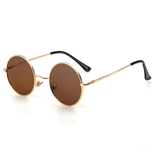 MMOWW Gafas de Sol para Hombre Mujer Redondas Vintage Polarizadas Retro Clasicas Metálico Protección UV400 (Dorado - Marrón Caramel)