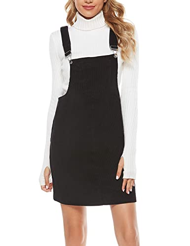 Tanming Women's Corduroy A Line Cute Jumper Pinafore Bib Overall Mini Dress Skirt (Black-L)