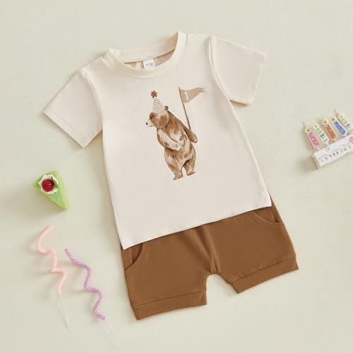 Baby Boy First Birthday Outfit Short Sleeve Bear Print Shirt Shorts Sets Cake Smash Clothes 2Pcs