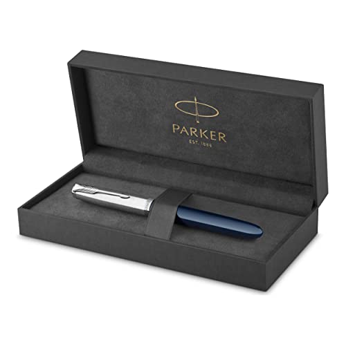 Image of Parker 51 Fountain Pen, Midnight Blue Barrel, Chrome Trim, Fine Nib, Black Ink Cartridge, Gift Box