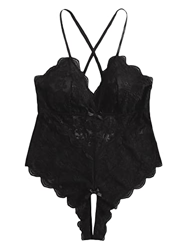 Romwe Women's Plus Size One Piece Teddy Lingerie Floral Lace Bodysuit Babydoll Black 2XL