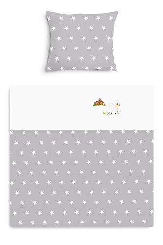 Amilian Baby Bettwäsche Set 2-teilig – 80x80 & 35x40 cm – Kinderwagen, Wiegen, Stubenwagen geeignet – Bettwäsche für Jungen und Mädchen – 100{f6fd3dc249e963dc48c57748d4f9351977c1cc79fb63953341b8d4ab8aab53d1} Baumwolle - Sternchen Grau/Weiß mit Schaf Amilian Baby Bettwäsche Set 2-teilig – 80x80 & 35x40 cm – Kinderwagen, Wiegen, Stubenwagen geeignet – Bettwäsche für Jungen und Mädchen – 100{f6fd3dc249e963dc48c57748d4f9351977c1cc79fb63953341b8d4ab8aab53d1} Baumwolle - Sternchen Grau/Weiß mit Schaf