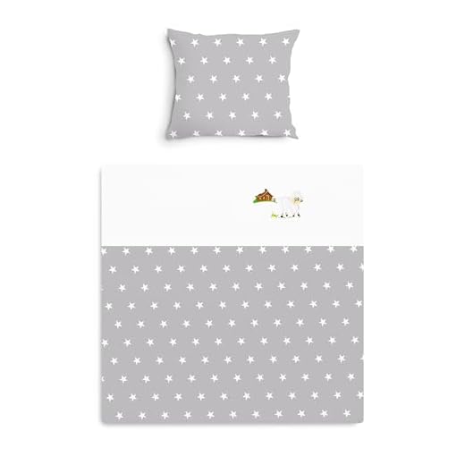 Amilian Kinderwagenset mit Stickerei fürs Baby Bettwäsche Garnitur für Kinderwagen 80x80 cm + 35x40 cm Bezüge 100% Baumwolle in vielen Designs erhältlich (Sternchen Grau/Weiß mit Schaf, 2 tlg.)