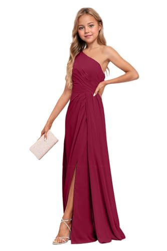 Junior Bridesmaid Dresses for Teen Girls One Shoulder Chiffon Flower Girl Dress Burgundy Long Party Pageant Gowns Size 10
