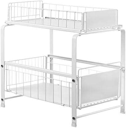TeoKJ Pull-out Dwelling Storage Organizer, 2-Tier Metallic Underneath Cupboard Sliding Storage, Underneath Sink Organizer for Kitchen, Rest room, Cupboard, Pantry, Countertop, White