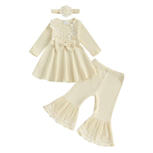 Toddler Baby Girls Fall Winter Outfit Lace Embroidery Clothes Toddler Kids Long Sleeve Tops Bell-bottom Pants Set