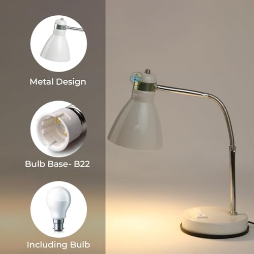 Image of BEHMEK Study Table Lamp | Adjustable Metal Desk Light for Reading, Writing, Study & Office Work | Flexible Neck LED Table Lamp for Students & Home Office (White)