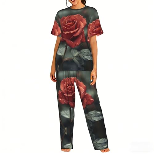Pyjama doux imprimé rose rouge pour femme élégante et sereine