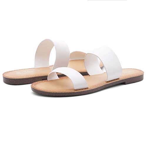 Shoe Land Sl-Native Women's Open Toes Two-Strap Flat Sandals Classic Slip-On Slide Shoes 1896White 8.0 #TOP6