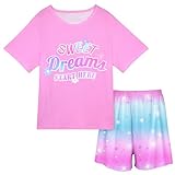 Play Tailor Girls Pajamas for Kids 2 PCS Summer Pjs Set Short Sleeve Top Sleepwear for Teen Girl 4-15, Pink Blue(Shirt & Short Set), 8-9Y