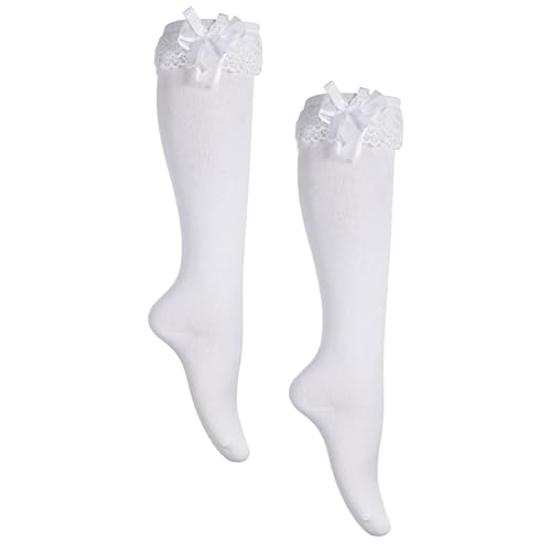 White Knee High Socks with Bow, Women's Soft Cotton Lace Ruffle Socks Over the Knee Tube High Stockings Cute Solid Color Lace Ruffle Bow Girls for Girls and Women