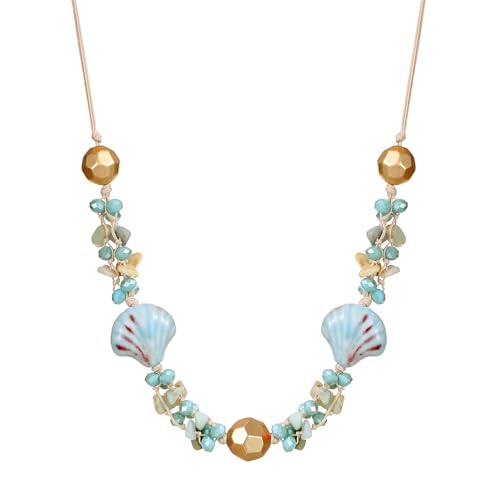 Xalroco Long Necklace / Beaded Statement Necklace / Adjustable Cord and Fabric Necklace with Geometric Metals, Braided Balls, Ceramic, Shell, Lava or Natural Stone Beads / Fashion Jewelry (Blue/Ceramic Shell)