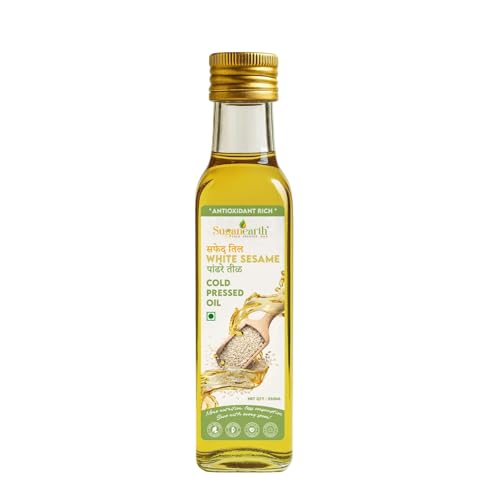 Image of Sugan Earth Cold Pressed White Sesame Oil 250ml | 100% Pure & Natural Til Oil | Kachi Ghani Sesame Seed Oil, GingellyOil | Unrefined, Chemical free, Rich in Antioxidants | Pure Edible Oil For Cooking, Skin & Hair Care