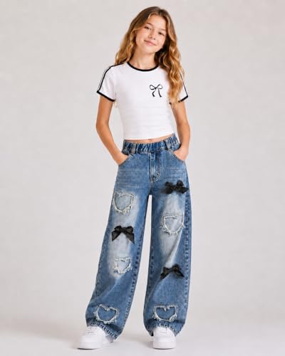 Image of Azmxynol Tween Girl Clothes Short Sleeve Top + Butterfly Design Jeans 2 Pieces Spring Summer Outfit Set, Size 6-16 Years