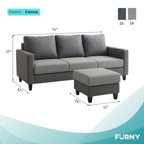 Image of FURNY Arnold 4 Seater L Shape Sofa Set with Movable Ottoman | Flexible Left or Right Layout | Plush Velvet Fabric (Dark Grey-Light Greyl) | Perfect for Living Room, Guest Room & Office