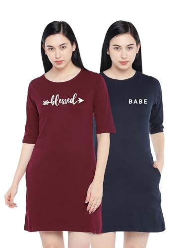 Image of STATUS MANTRA Long T-Shirt Dress for Women - Cotton Knee Length T Shirt Top | 3 /4th Sleeves, Soft Bio-Washed Fabric | Stylish Regular Fit Crew Neck