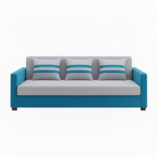 Image of FURNY Lifestylio 3 Seater Fabric Sofa Set (Light Grey-Aqua Blue) Premium Velvet Finish | Ideal for Living Rooms, Offices