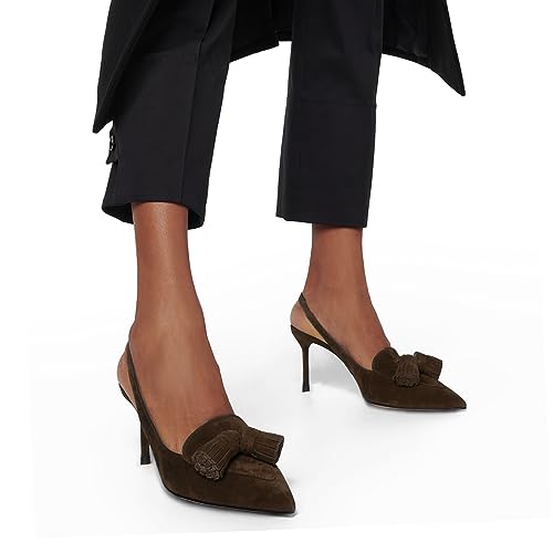 SHODENSE Women Kitten Heel Slingback Pumps Pointed Toe Suede Elastic Ankle Strap Sandals Fringe Closed Pointy Toe High Heels Stiletto Pumps Tassel Backless Dress Shoes Office Ladies Elegant 4-11 M US3
