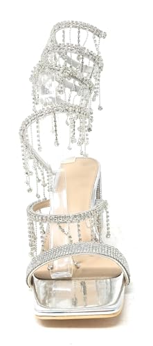 Wild Diva Women's Molla-01 Chandelier Embellished Rhinestone Spiral Coil Wrap Around Chunky Block Heels4