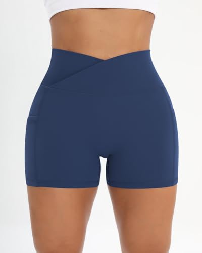 Image of Workout Shorts for Women 2 Pcs Pack Cross Waist Active Gym Spandex Stretchy Yoga Compression with Side Pockets