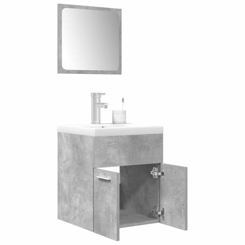 Mueble de baño gris hormigón con espejo, armario para lavabo y columna auxiliar de madera 2