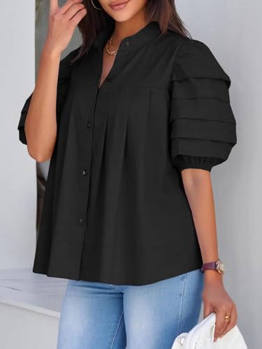Tankaneo Womens Puff Short Sleeve Button Down Shirts Cotton Pleated Babydoll Blouses Trendy Casual Loose Fit Tops2