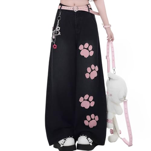 kakarin choyx Kawaii Fashion High Waisted Wide Leg Jeans Y2K Casual Harajuku Cute Cat's Claw Patchwork Pants for Women 4 Black