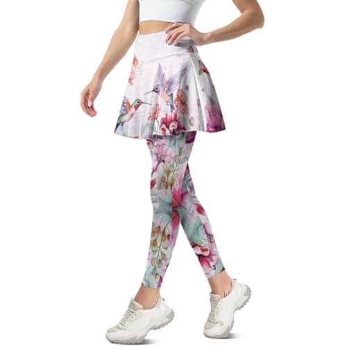 Hinthetall Floral Hummingbird Women's Skirted Leggings Pleated Tennis Skirt Tummy Control Athletic Tennis Skirt Sport Yoga Running Golf Skorts Activewear Skirt Pants Set for Women