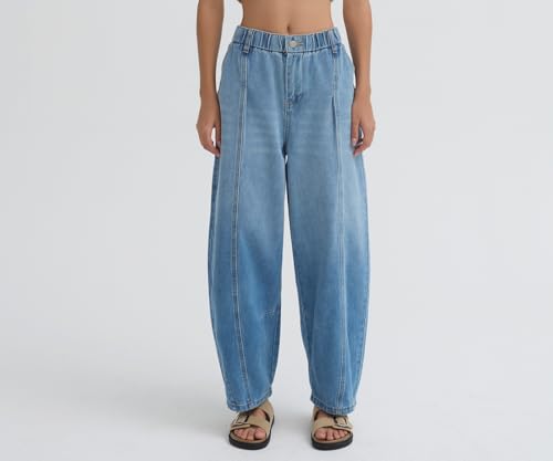D-Sun Women's Baggy Barrel Jeans Wide Leg Elastic Mid Rise Jeans Casual Boyfriend Denim Ankle Pants4