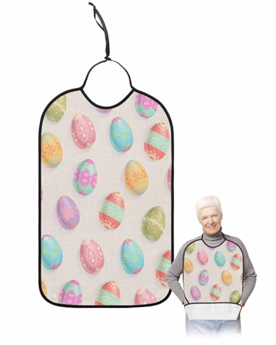 LEOKOTI Spring Easter Adult Bibs for Eating, Waterproof Bibs with Food Catcher & Adjustable Snap Closure, Colorful Eggs Farmhouse Rustic Washable Clothing Protectors Adult Bibs for Elderly Women/Men