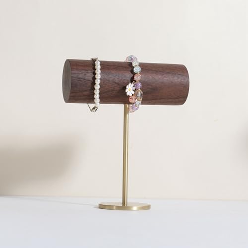 GemeShou Wood bracelet rack for selling, Metal brass bracelet display stand, Walnut bracelet holder organizer, Bangle Jewelry organizer T bar stand?Walnut Brass Bracelet Holder-Low?