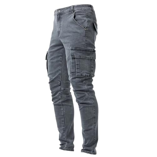 Men's Slim Fit Stretch Cargo Jeans Ripped Skinny Pants Side Pockets Design Casual Streetwear (US, Numeric, 30, Regular, Regular, Grey)