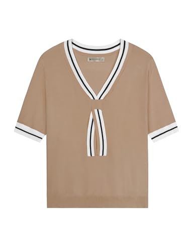 Image of Libsorge Womens Lightweight Cute Bow Tie Sweater Spring 2026 Business Casual Outfits V Neck Short Sleeve Tops