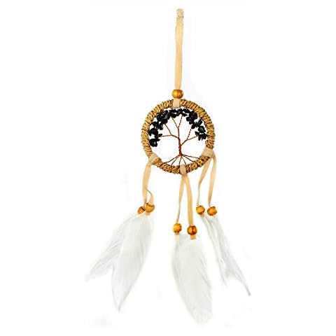 Pink Pineapple Tiny Handmade Bohemian Dream Catcher Wall Hanging Tree of Life Dreamcatcher Wall Art with Coloured Stones, Copper Wire, Vegan Suede, Feathers and Beads - 6cm Wide, 27cm Long (Black) Cover