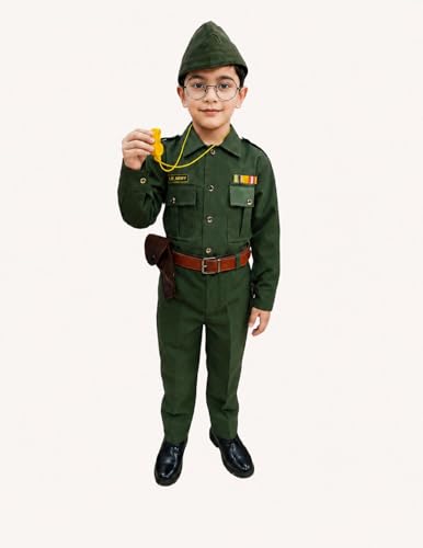 Image of BookMyCostume 8-Pcs Netaji Subhash Chandra Bose Indian National Leader Dress | Freedom Fighter Costume for Kids | Patriotic Independence Day, School Annual Function & Fancy Dress | Green 3-4 Years