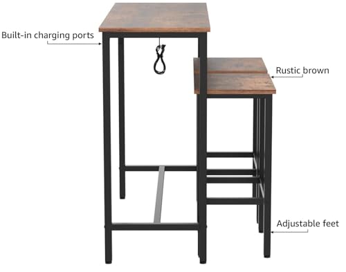 HOOBRO-Bar-Table-and-Chairs-Set-394-Dining-Table-Set-with-Power-Outlet-3-Piece-Pub-Table-Set-Kitchen-Bar-Height-Table-with-Stools-of-2-Space-Saving-for-Living-Room-Rustic-Brown-BF45UBT01 HOOBRO Bar Table and Chairs Set 394 Dining Table Set with Power Outlet 3 Piece Pub Table Set Kitchen Bar Height Table with Stools of 2 Space Saving for Living Room Rustic Brown BF45UBT01