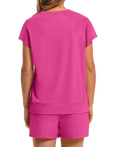 Image of WIHOLL Two Piece Sets for Women Summer Crew Neck Lounge Short Sets Cap Sleeve Drawstring Sweatsuit with Pocket