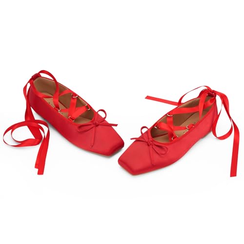 Women's Satin Ballet Flats Light Pink Bow Ballerina Slippers Lace Up Flat Shoes Strappy Mary Janes