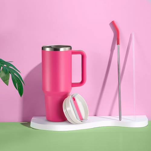Image of KooK Stainless Steel Tumbler, with Straw and Handle, Leakproof, Vacuum Insulated Travel Coffee Mug, Reusable Double Walled Water Bottle, Keeps Hot or Cold, 40 oz, Bubblegum Pink