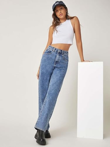 Image of KOTTY Women's High Waist Wide Leg Button Coin Pocket Straight Fit Jeans Stylish Regular to Plus Size Fit Denim Jeans for Women